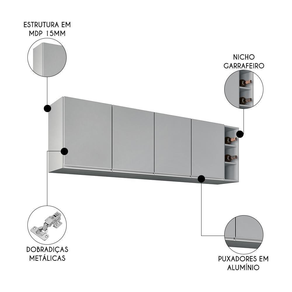 Armário De Cozinha Aéreo Nevada Com Nicho 180cm 4 Portas Cinza Claro - Lumil - 3