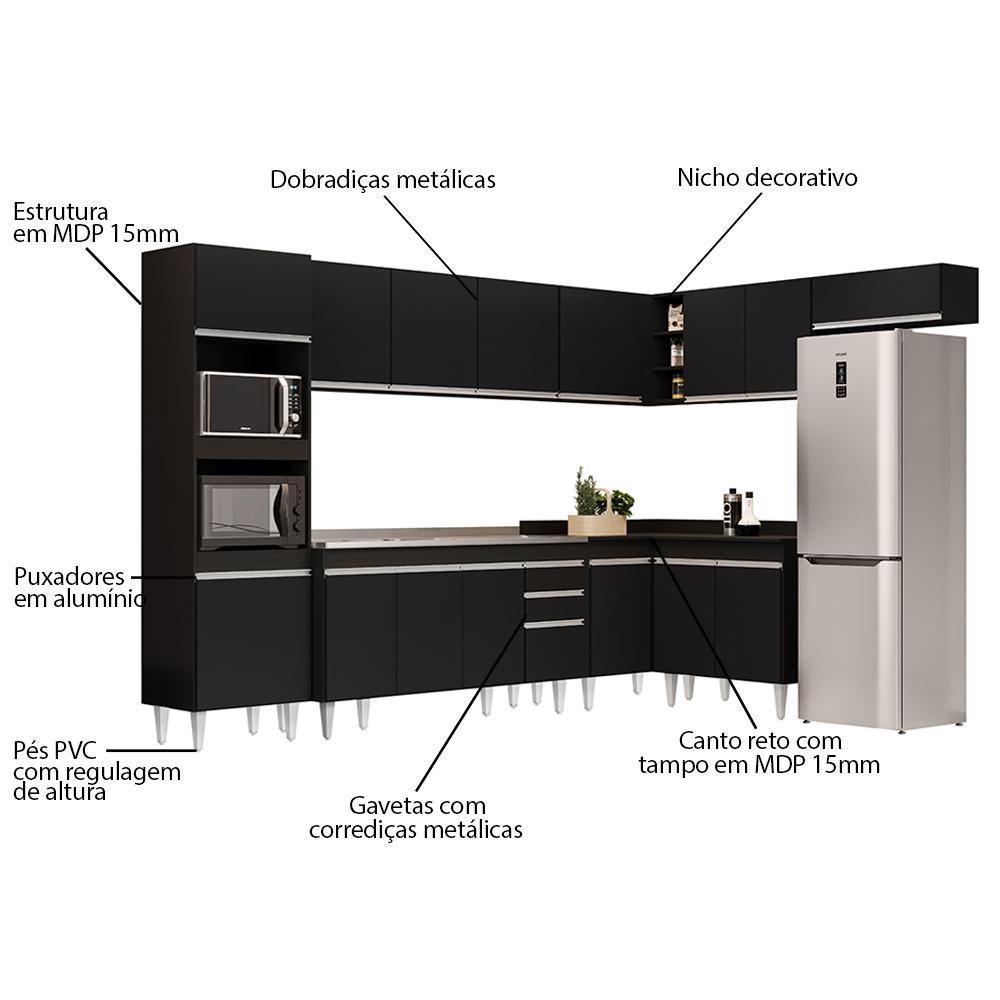 Armário De Cozinha Modulada De Canto 8 Peças Cp09 Balcão Com Pia Inox Preto - Lumil - 3