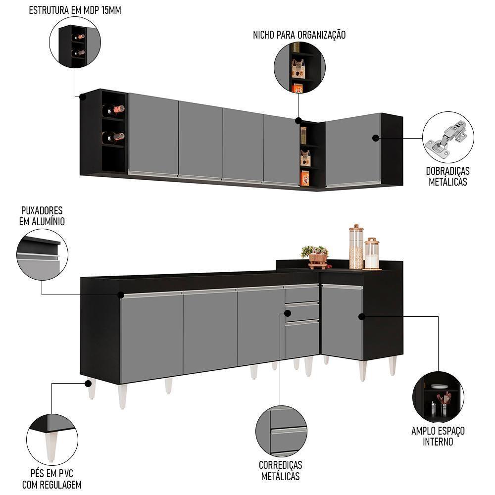 Armário De Cozinha Modulado De Canto Esquerdo 5 Peças Cp52 Balcão Sem Tampo Preto/cinza - Lumil - 3