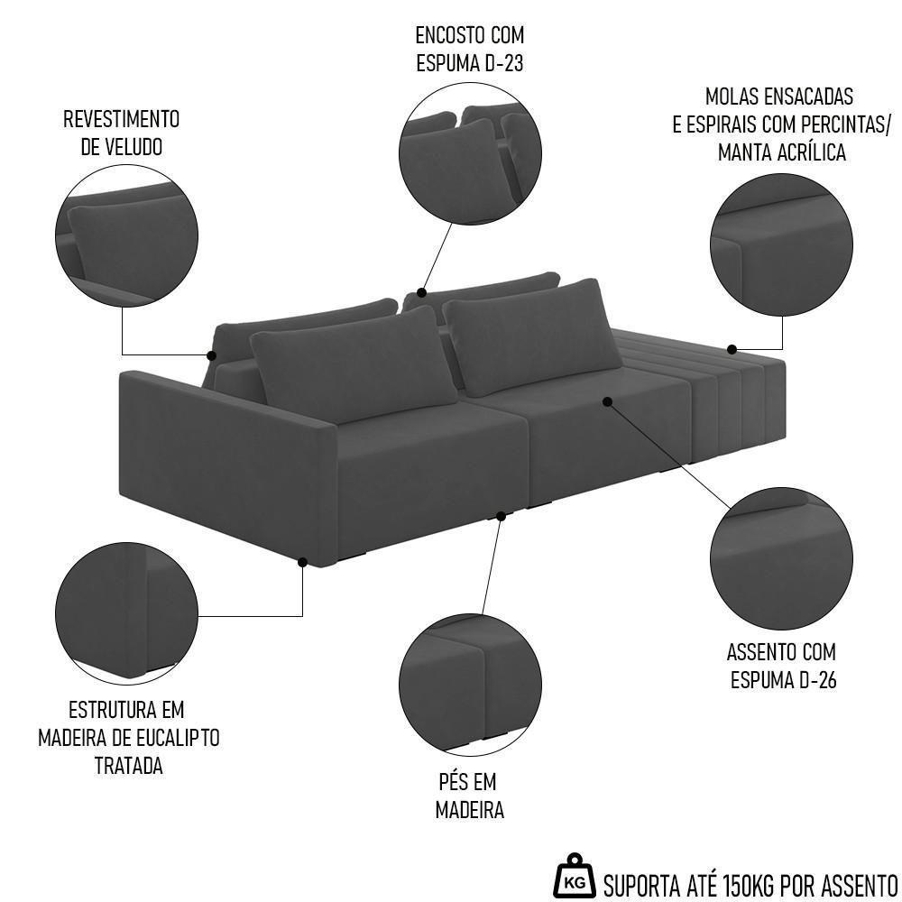 Sofá Ilha Modular Com Puff Para Sala Living 252cm Georgia K04 Veludo Cinza Escuro - Mpozenato - 3