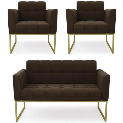 Sofá Namoradeira E 2 Poltronas Base Industrial Dourado Ana Suede Marrom - Ibiza