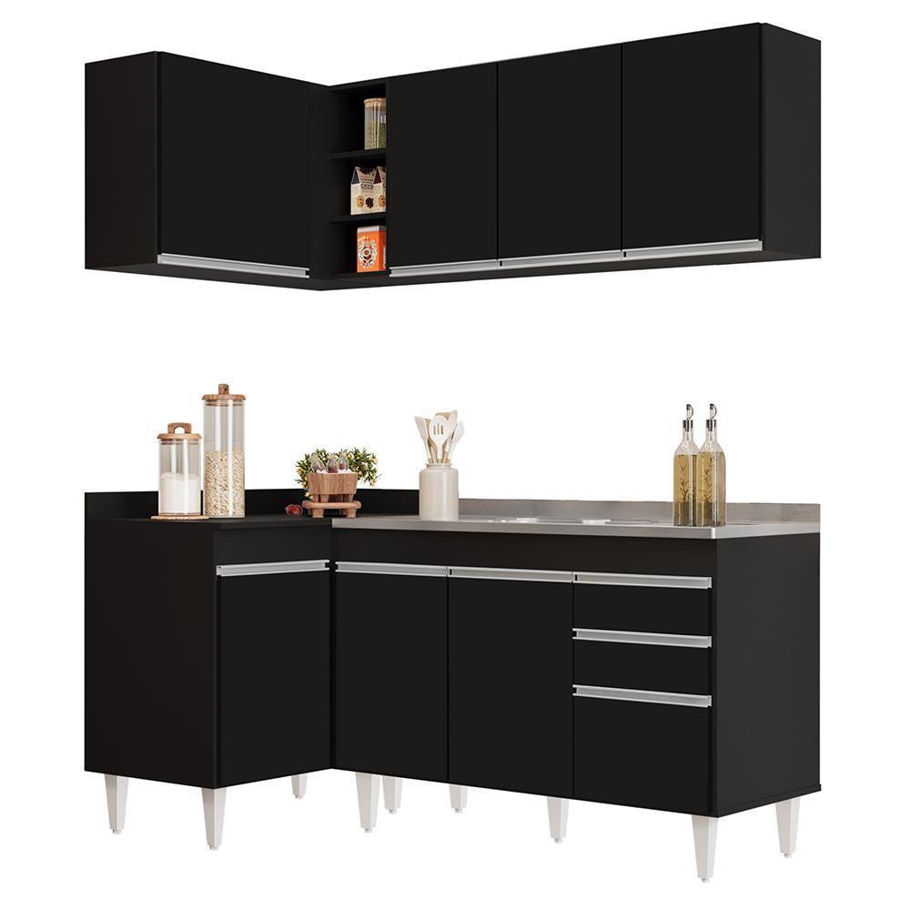 Armário De Cozinha Modulado De Canto Direito 4 Peças Cp39 Com Pia Inox Preto - Lumil - 1