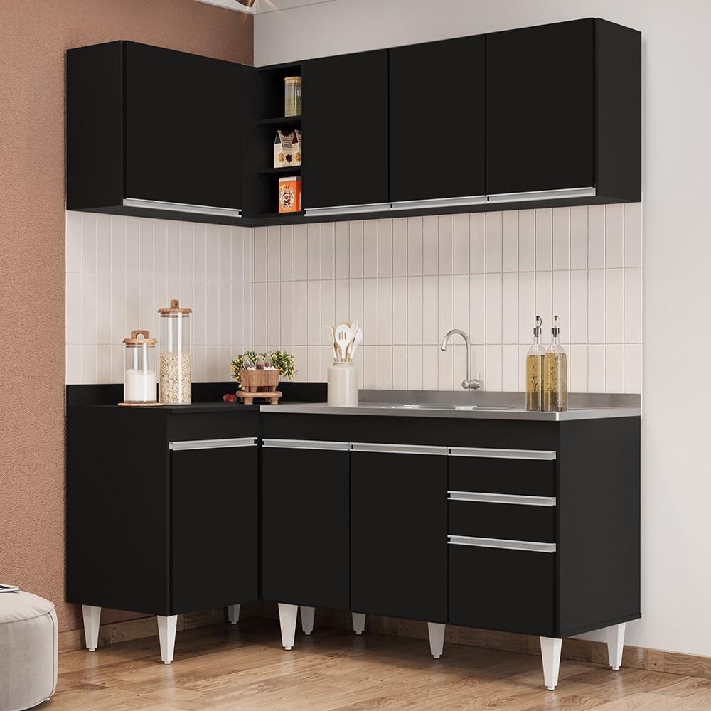 Armário De Cozinha Modulado De Canto Direito 4 Peças Cp39 Com Pia Inox Preto - Lumil - 3