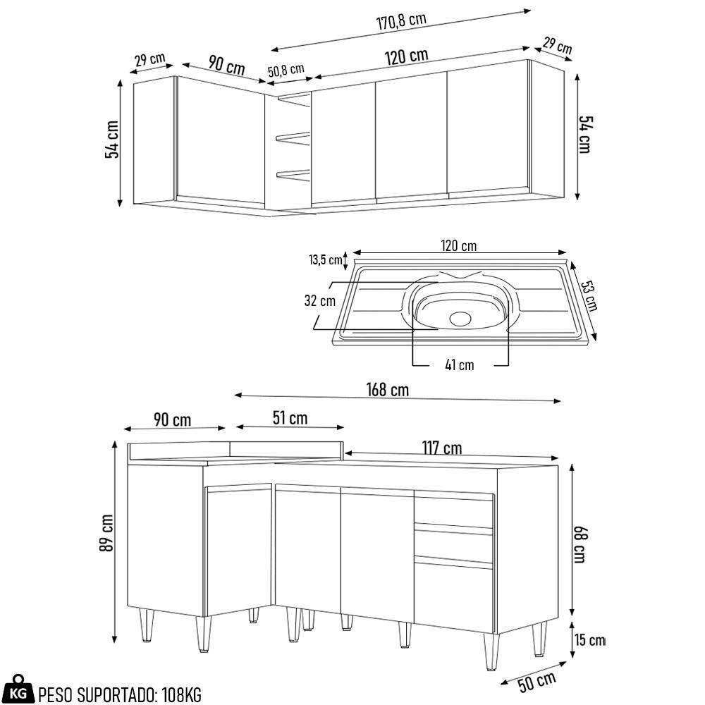 Armário De Cozinha Modulado De Canto Direito 4 Peças Cp39 Com Pia Inox Preto - Lumil - 5