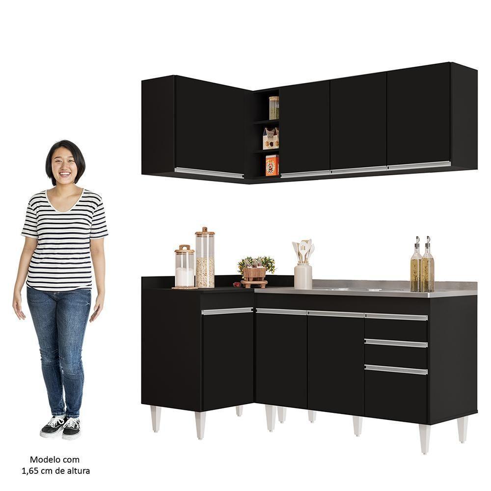 Armário De Cozinha Modulado De Canto Direito 4 Peças Cp39 Com Pia Inox Preto - Lumil - 6