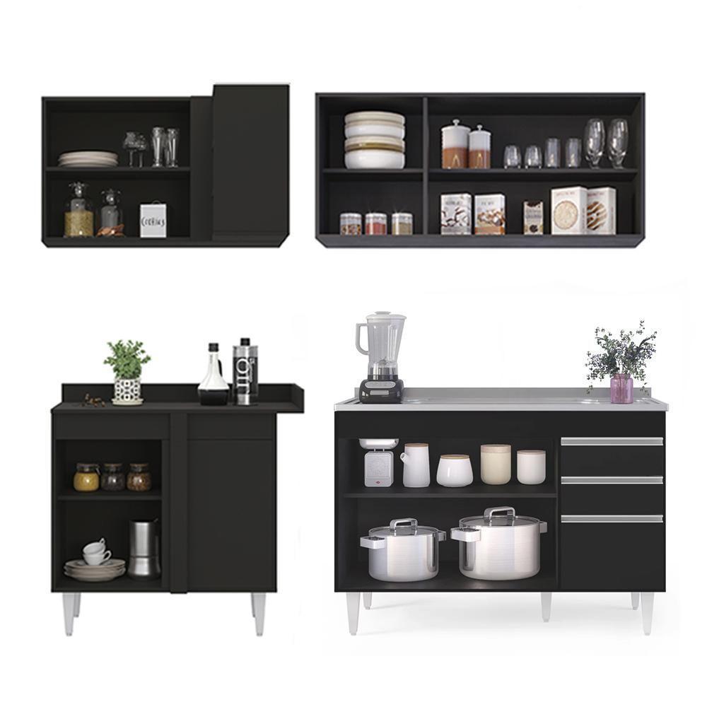 Armário De Cozinha Modulado De Canto Direito 4 Peças Cp39 Com Pia Inox Preto - Lumil - 7