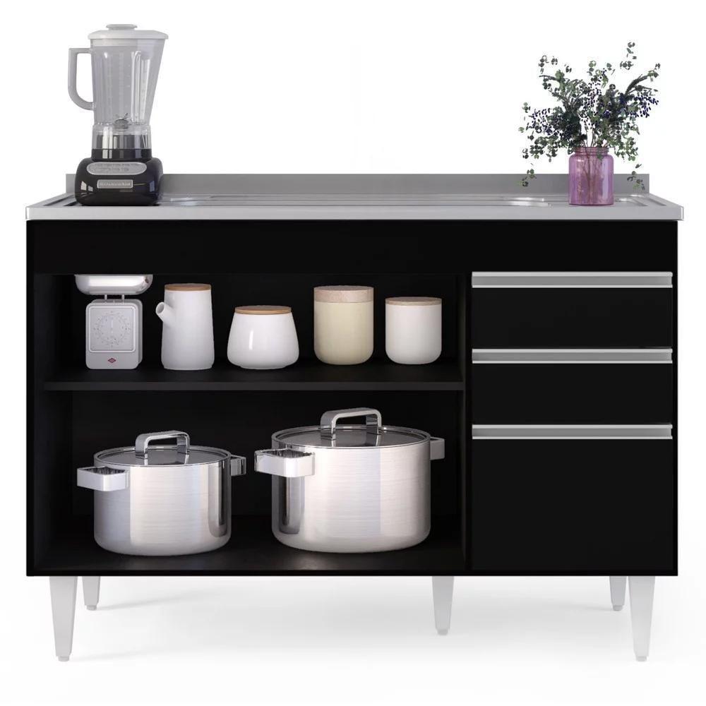 Armário De Cozinha Modulado De Canto Direito 4 Peças Cp39 Com Pia Inox Preto - Lumil - 8