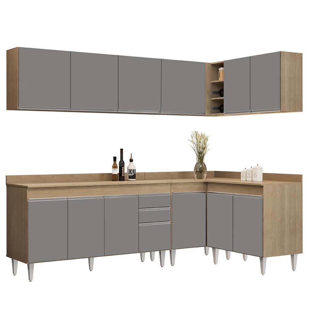 Armário De Cozinha Modulado De Canto 6 Peças Cp32 Balcão Com Tampo Castanho/cinza - Lumil - 1