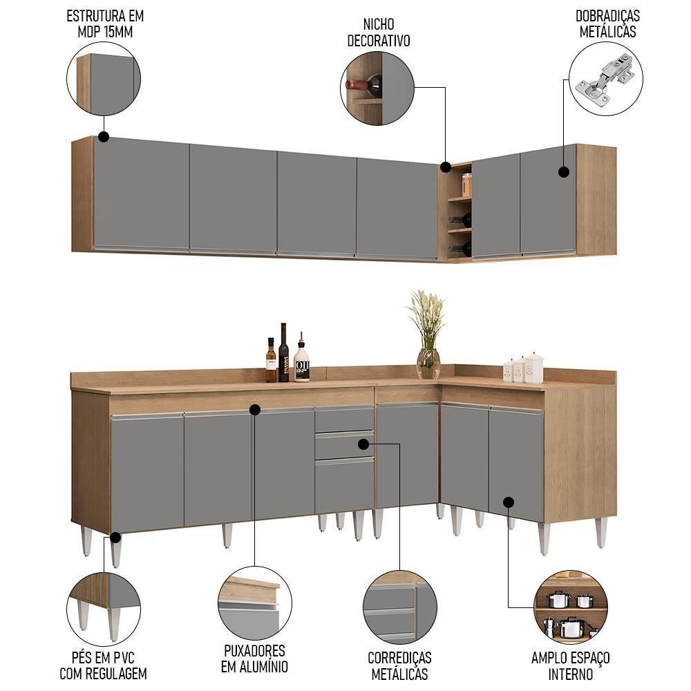 Armário De Cozinha Modulado De Canto 6 Peças Cp32 Balcão Com Tampo Castanho/cinza - Lumil - 3