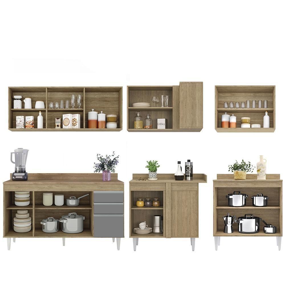 Armário De Cozinha Modulado De Canto 6 Peças Cp32 Balcão Com Tampo Castanho/cinza - Lumil - 6