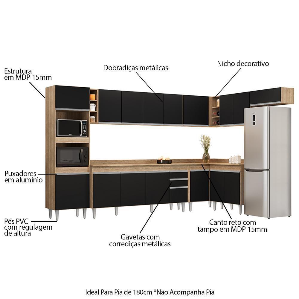 Armário De Cozinha Modulada De Canto 9 Peças Cp05 Balcão Com Tampo Castanho/preto - Lumil - 3