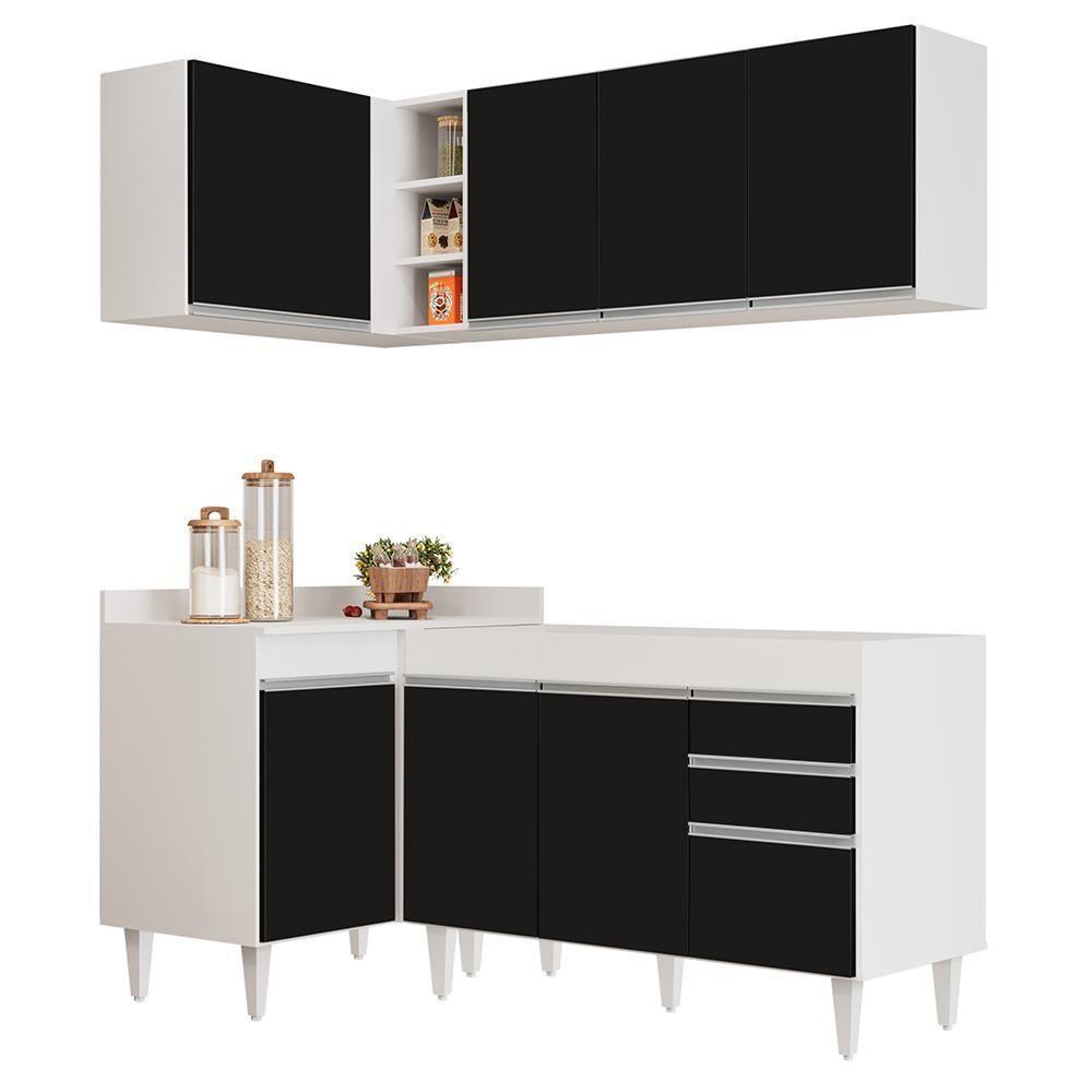 Armário De Cozinha Modulado De Canto Direito 4 Peças Cp37 Balcão Sem Tampo Branco/preto - Lumil - 1
