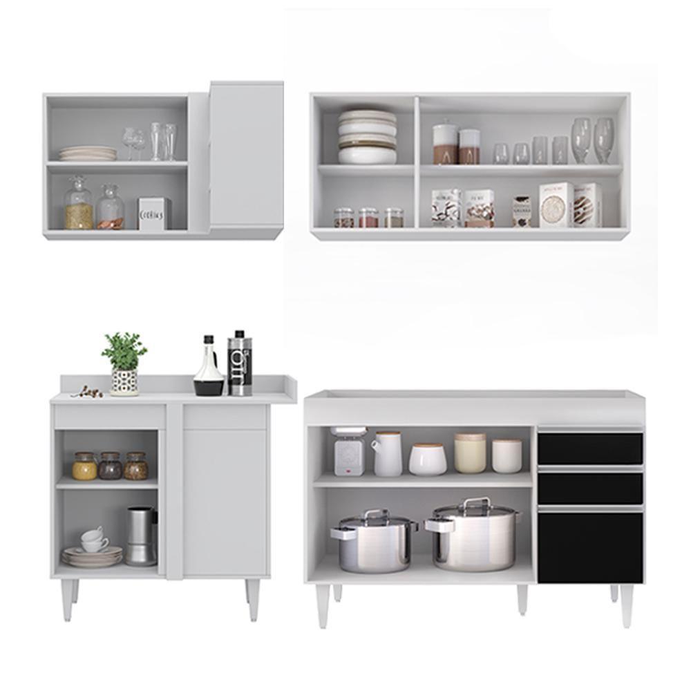 Armário De Cozinha Modulado De Canto Direito 4 Peças Cp37 Balcão Sem Tampo Branco/preto - Lumil - 6