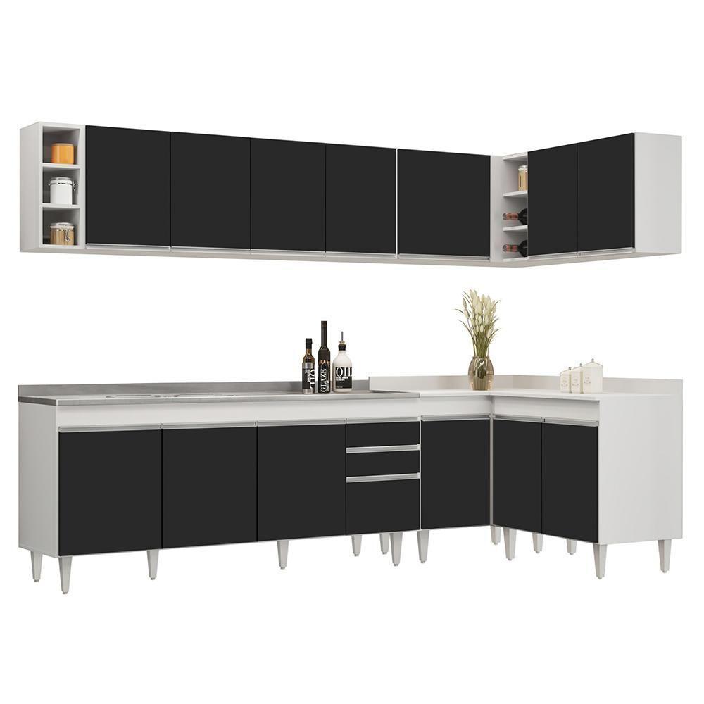 Armário De Cozinha Modulado De Canto 7 Peças Cp36 Com Pia Inox Branco/preto - Lumil - 1