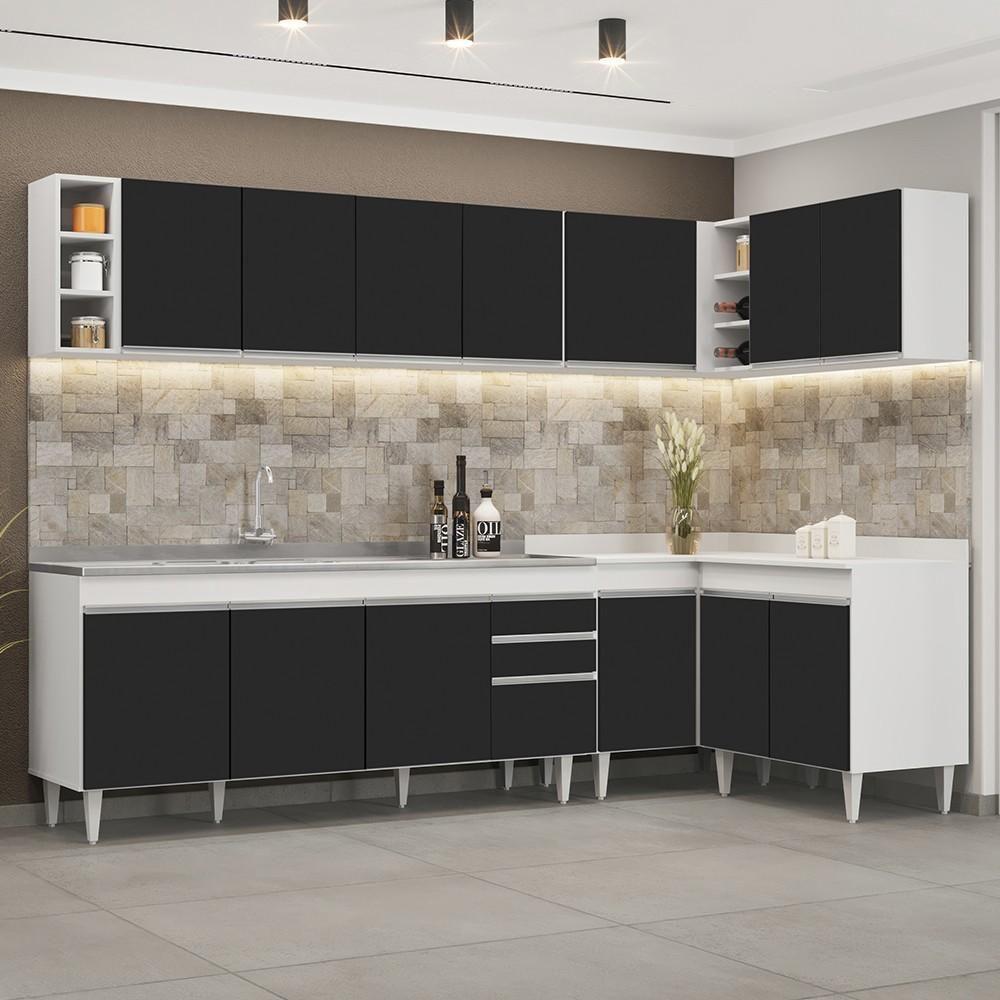 Armário De Cozinha Modulado De Canto 7 Peças Cp36 Com Pia Inox Branco/preto - Lumil - 5