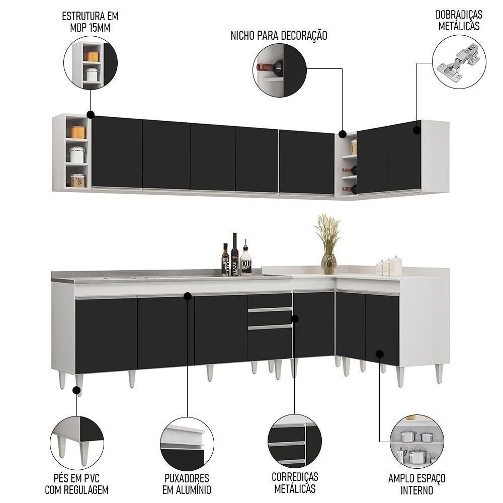 Armário De Cozinha Modulado De Canto 7 Peças Cp36 Com Pia Inox Branco/preto - Lumil - 6