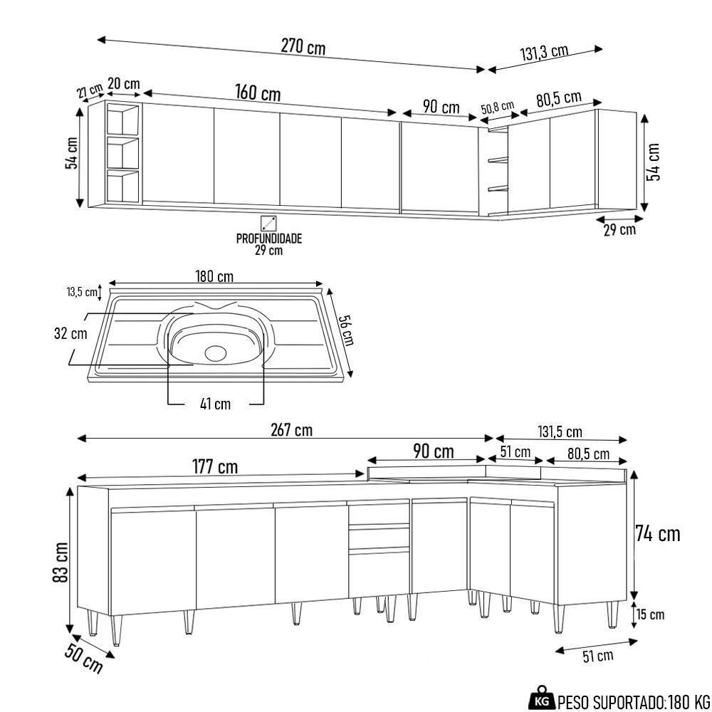 Armário De Cozinha Modulado De Canto 7 Peças Cp36 Com Pia Inox Branco/preto - Lumil - 7