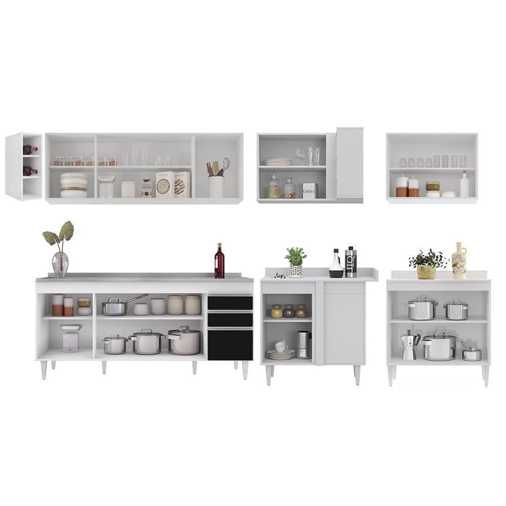 Armário De Cozinha Modulado De Canto 7 Peças Cp36 Com Pia Inox Branco/preto - Lumil - 10