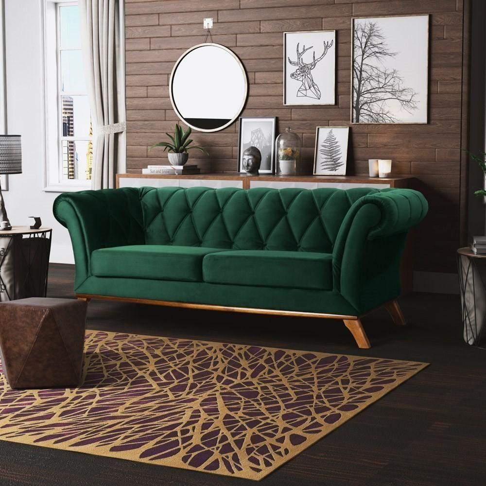 Sofá 260cm 4 Lugares Base Madeira Império C-303 Veludo Verde Musgo - Domi - 2