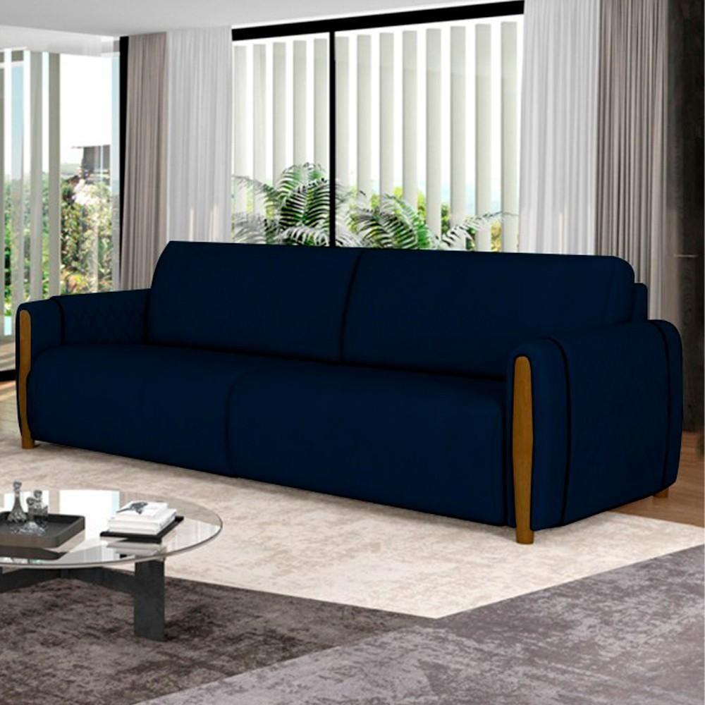 Sofá 3 Lugares 223cm Pés Madeira Amaranto M22 Veludo Azul Marinho - Mpozenato - 2