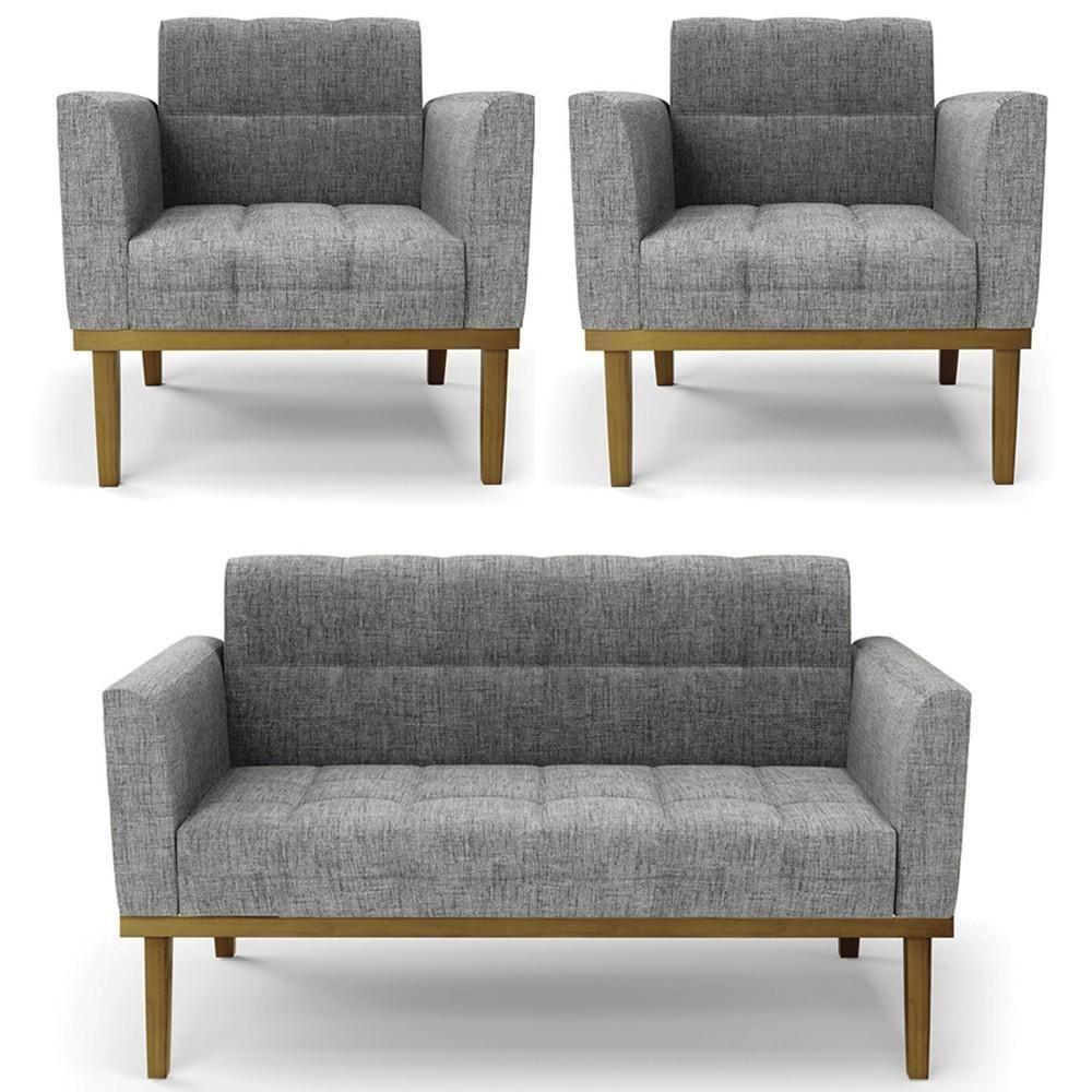 Sofá Namoradeira E 2 Poltronas Base Madeira Castanho Ana Linho Grafite - Ibiza - 1