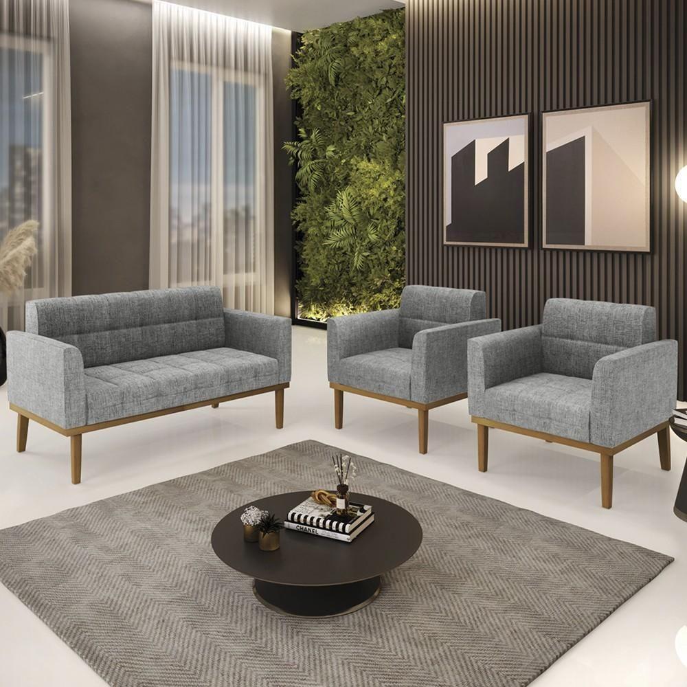 Sofá Namoradeira E 2 Poltronas Base Madeira Castanho Ana Linho Grafite - Ibiza - 2