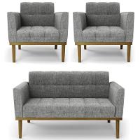 Sofá Namoradeira E 2 Poltronas Base Madeira Castanho Ana Linho Grafite - Ibiza - 1