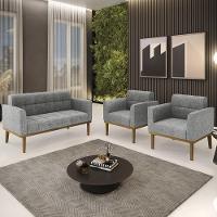 Sofá Namoradeira E 2 Poltronas Base Madeira Castanho Ana Linho Grafite - Ibiza - 2