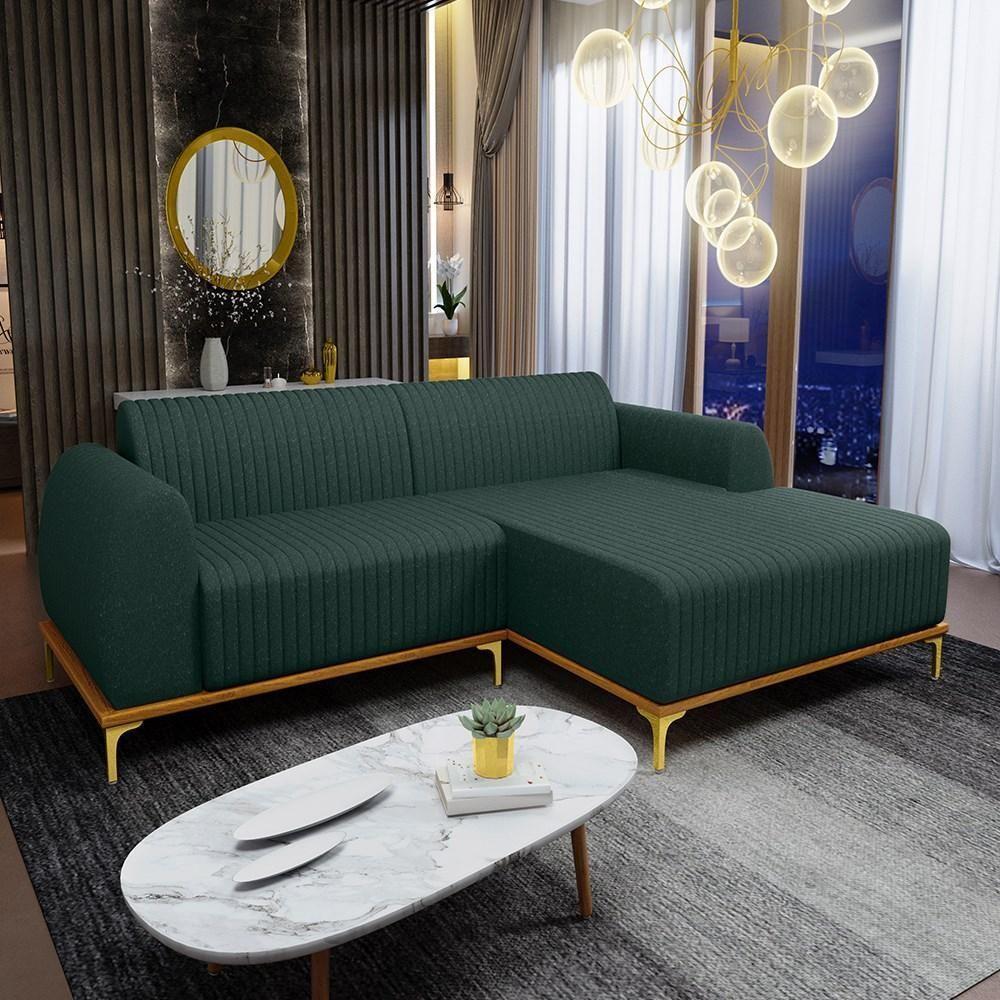 Sofá 245cm 4 Lugares Com Chaise Direito Pés Gold Molino C-117 Linho Verde - Domi - 2