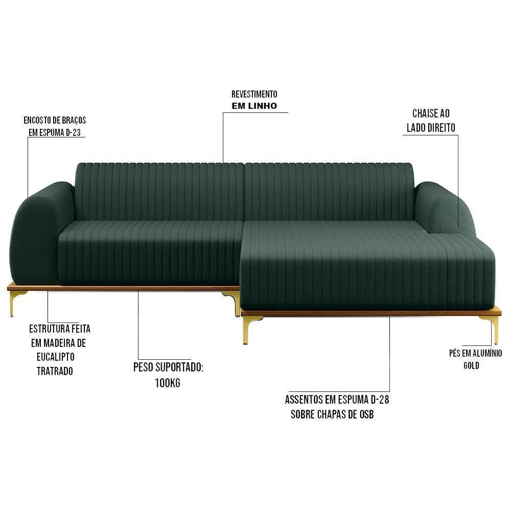 Sofá 245cm 4 Lugares Com Chaise Direito Pés Gold Molino C-117 Linho Verde - Domi - 3
