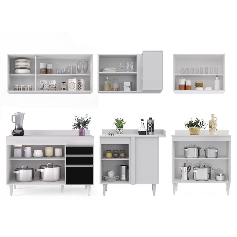Armário De Cozinha Modulado De Canto 6 Peças Cp29 Balcão Com Tampo Branco/preto - Lumil - 6