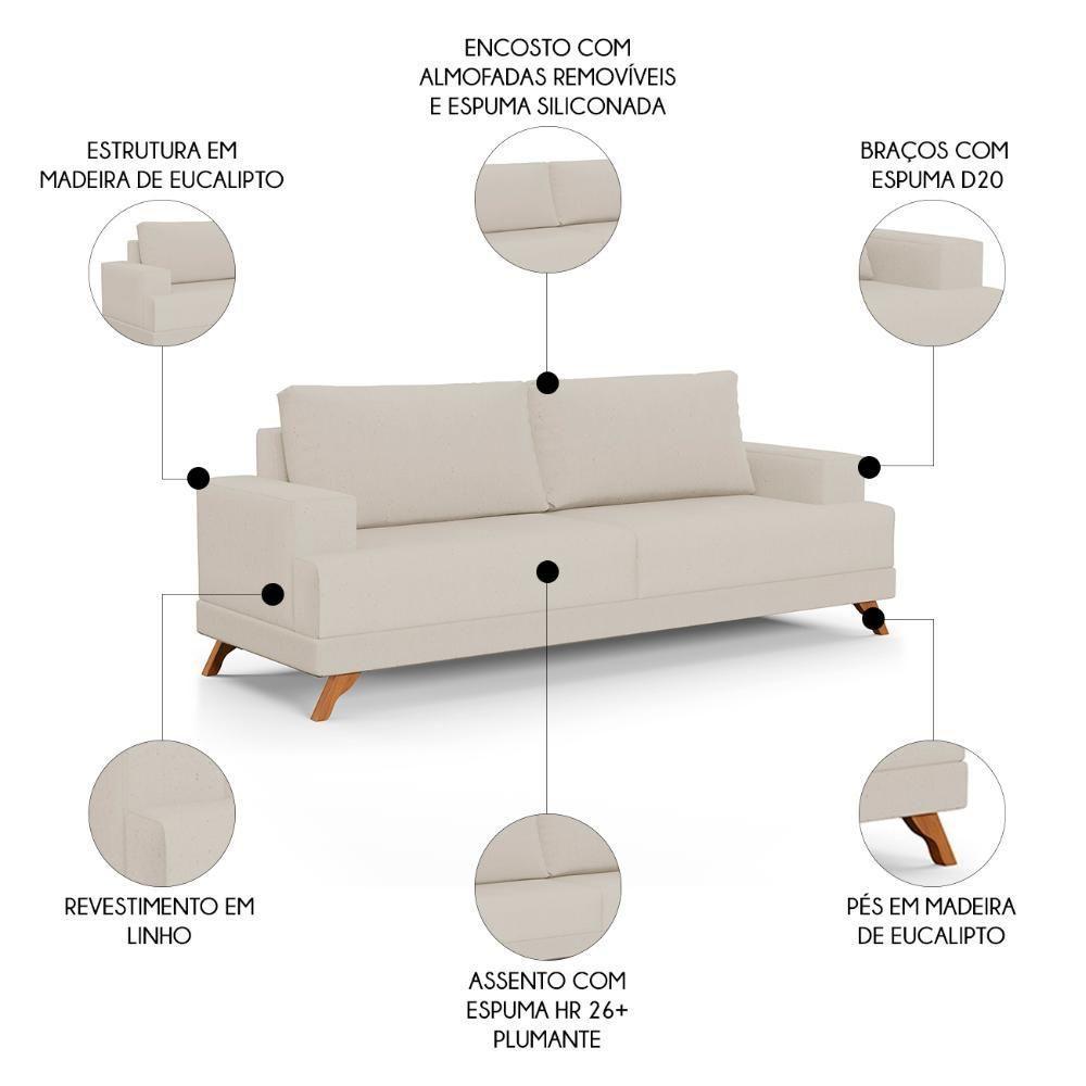 Sofá 3 Lugares 200cm Living Pés Curvos Santi D05 Linho Bege - Mpozenato - 3