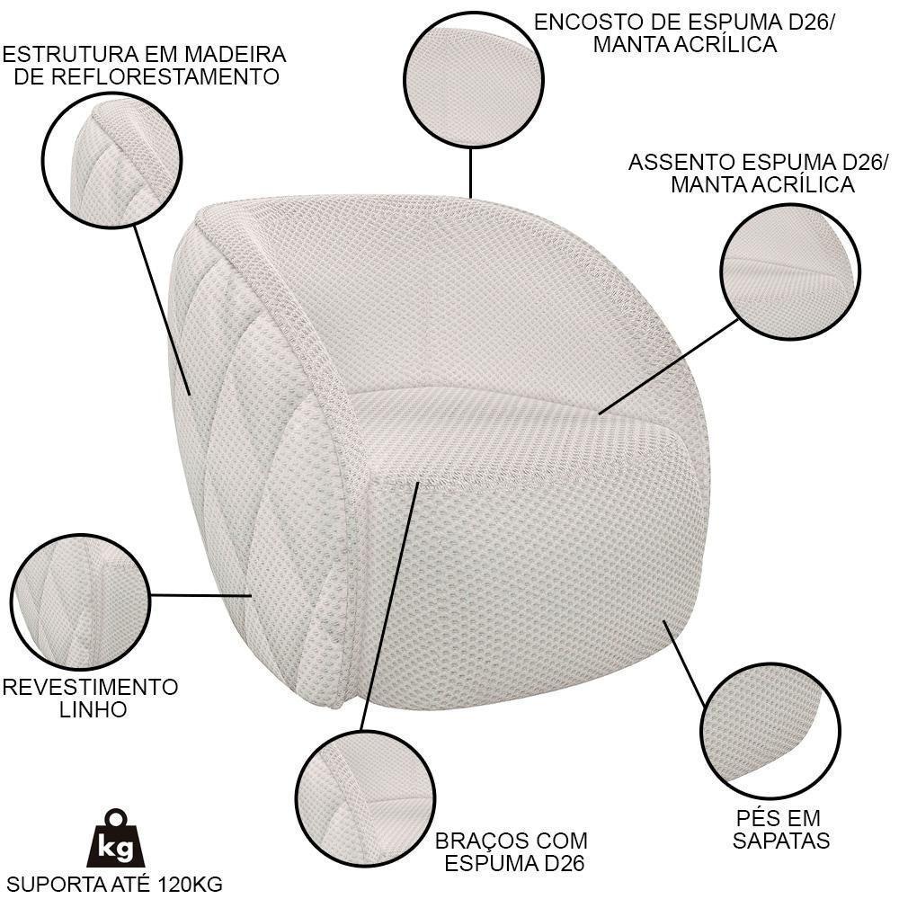 Sofá Decorativo 3 Lugares 240cm Com Almofadas E Poltrona Zion M22 Linho Cru - Mpozenato - 3