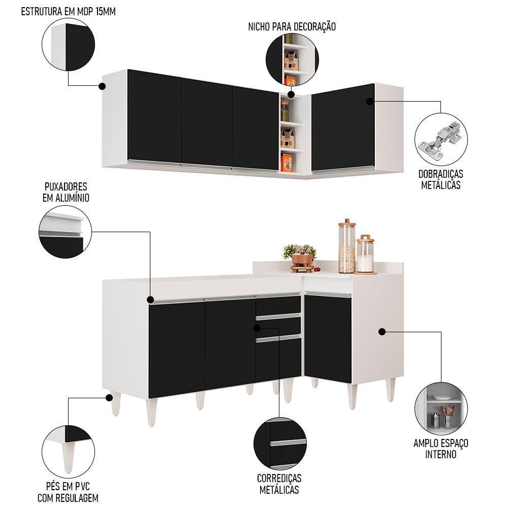 Armário De Cozinha Modulado De Canto Esquerdo 4 Peças Cp46 Balcão Sem Tampo Branco/preto - Lumil - 3