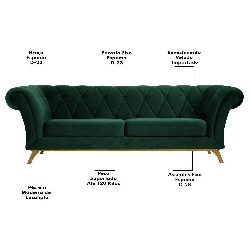 Sofá 230cm 3 Lugares Base Madeira Império C-303 Veludo Verde Musgo - Domi - 3