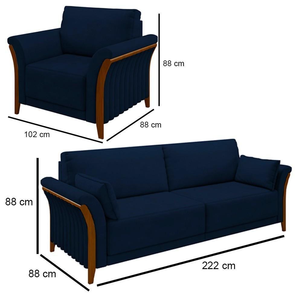 Kit Sofá Living 3 Lugares E Poltrona 102cm Pés Madeira Roya M22 Veludo Azul Marinho - Mpozenato - 4