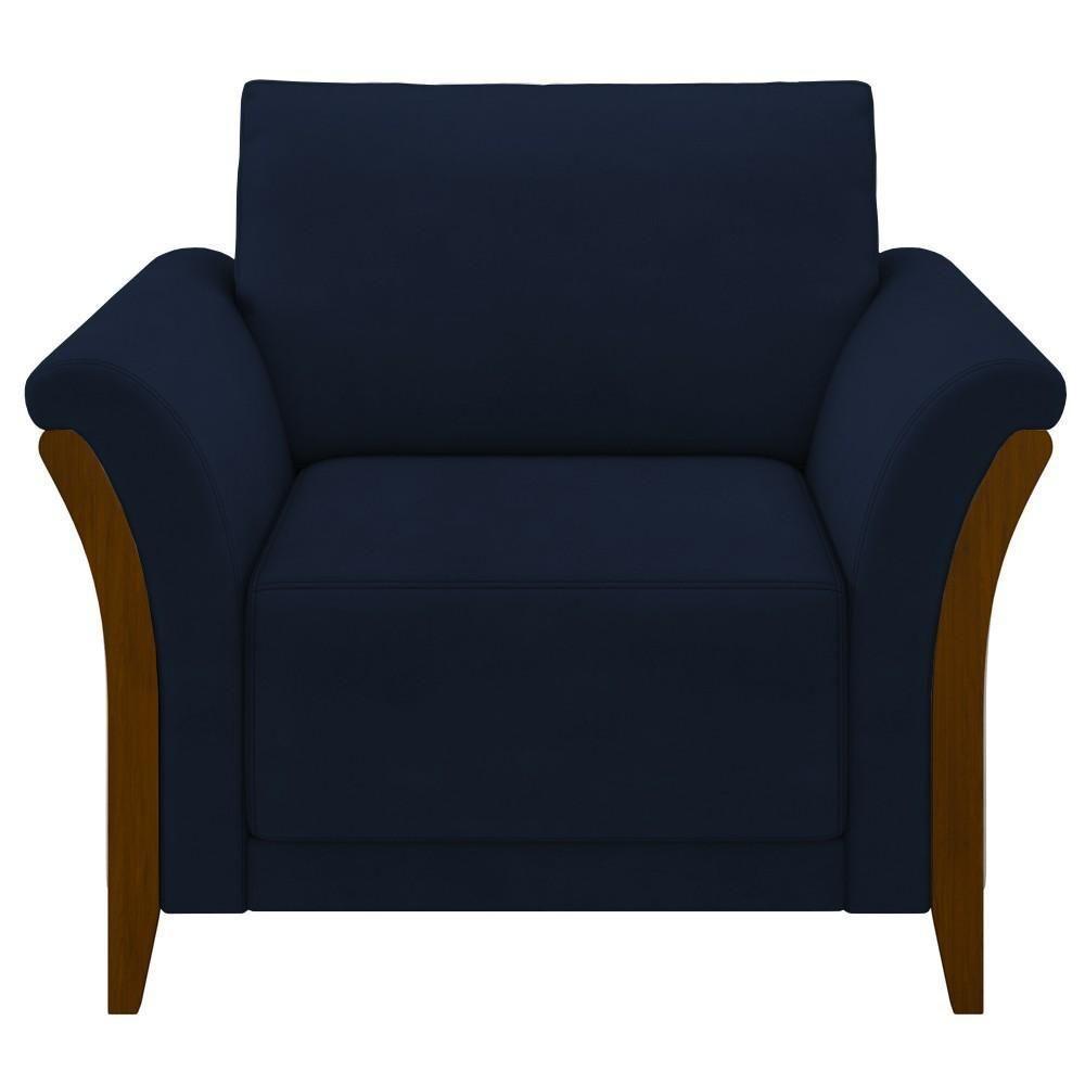 Kit Sofá Living 3 Lugares E Poltrona 102cm Pés Madeira Roya M22 Veludo Azul Marinho - Mpozenato - 9