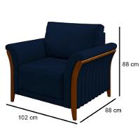 Kit Sofá Living 3 Lugares E Poltrona 102cm Pés Madeira Roya M22 Veludo Azul Marinho - Mpozenato - 7