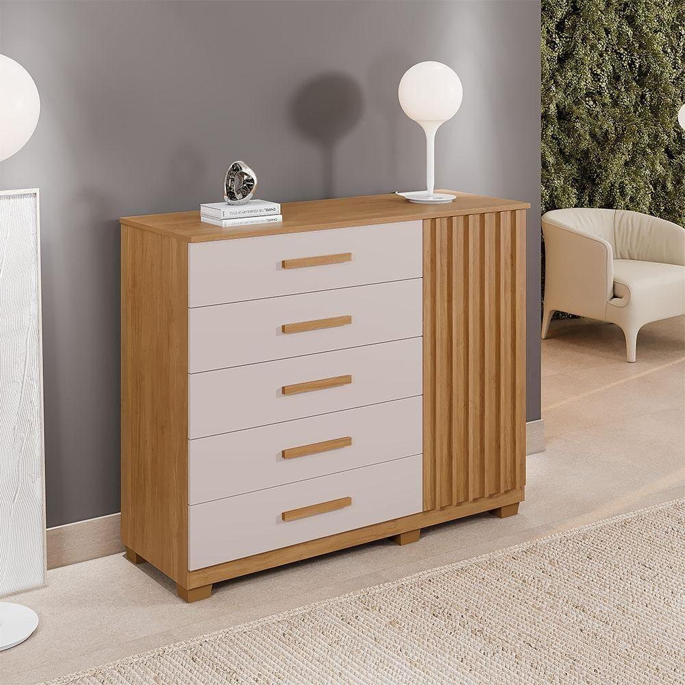 Cômoda Paris 5 Gavetas 1 Porta Ripada Benetil Cinamomo Off White - 4