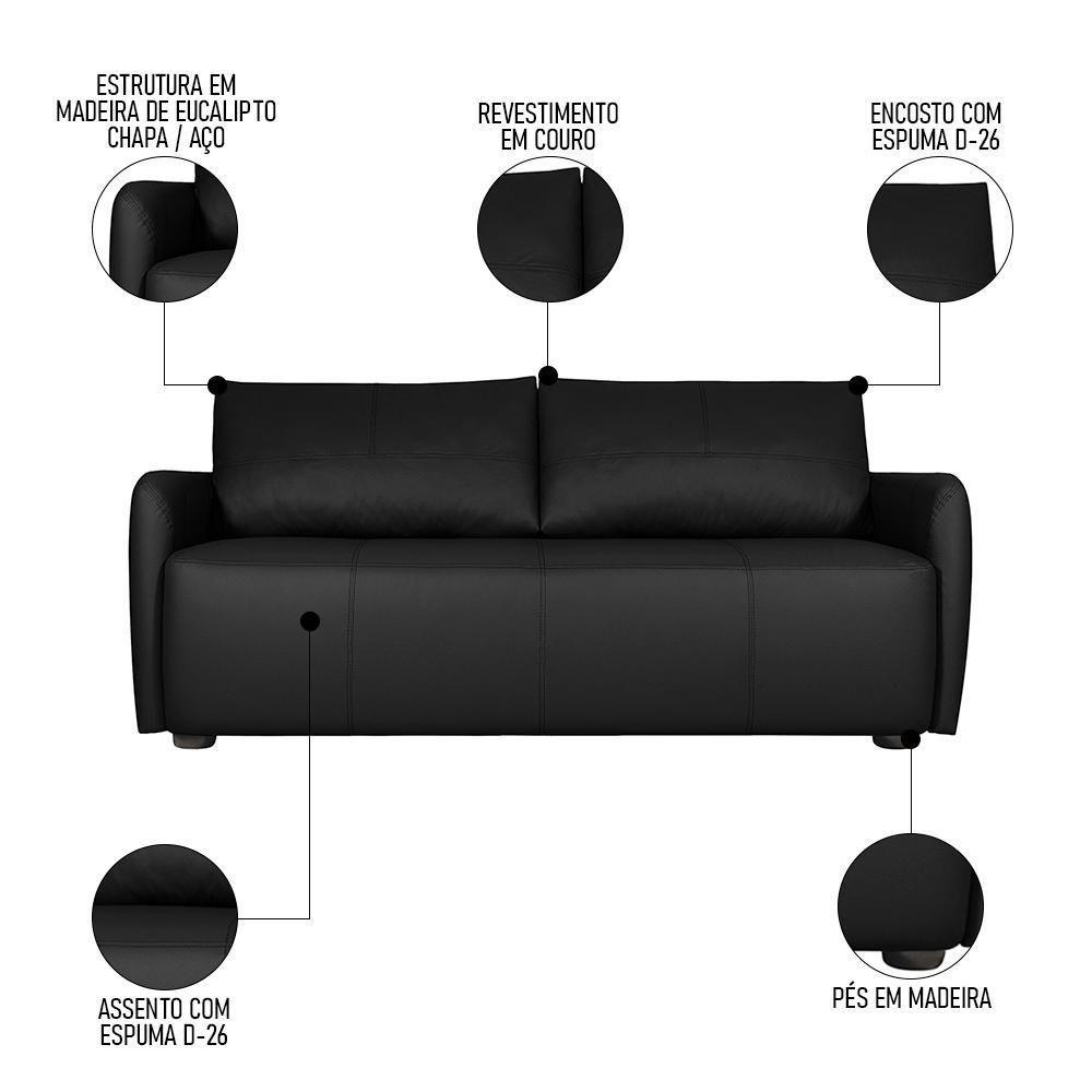 Sofá Living 2 Lugares Sala De Estar 180cm Virtus L07 Couro Preto - Mpozenato - 3