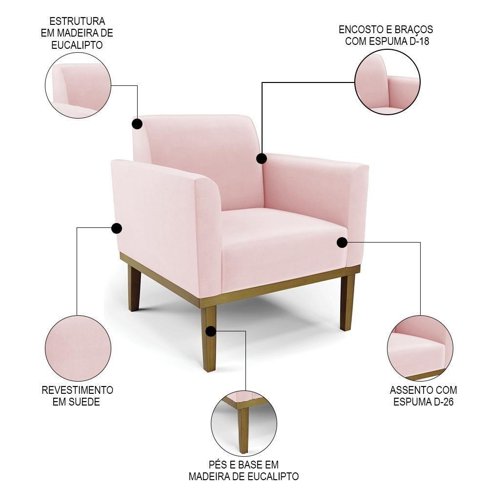 Sofá Namoradeira E 2 Poltronas Base Madeira Castanho Maressa Suede Rosa Bebê - Ibiza - 5