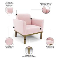 Sofá Namoradeira E 2 Poltronas Base Madeira Castanho Maressa Suede Rosa Bebê - Ibiza - 5