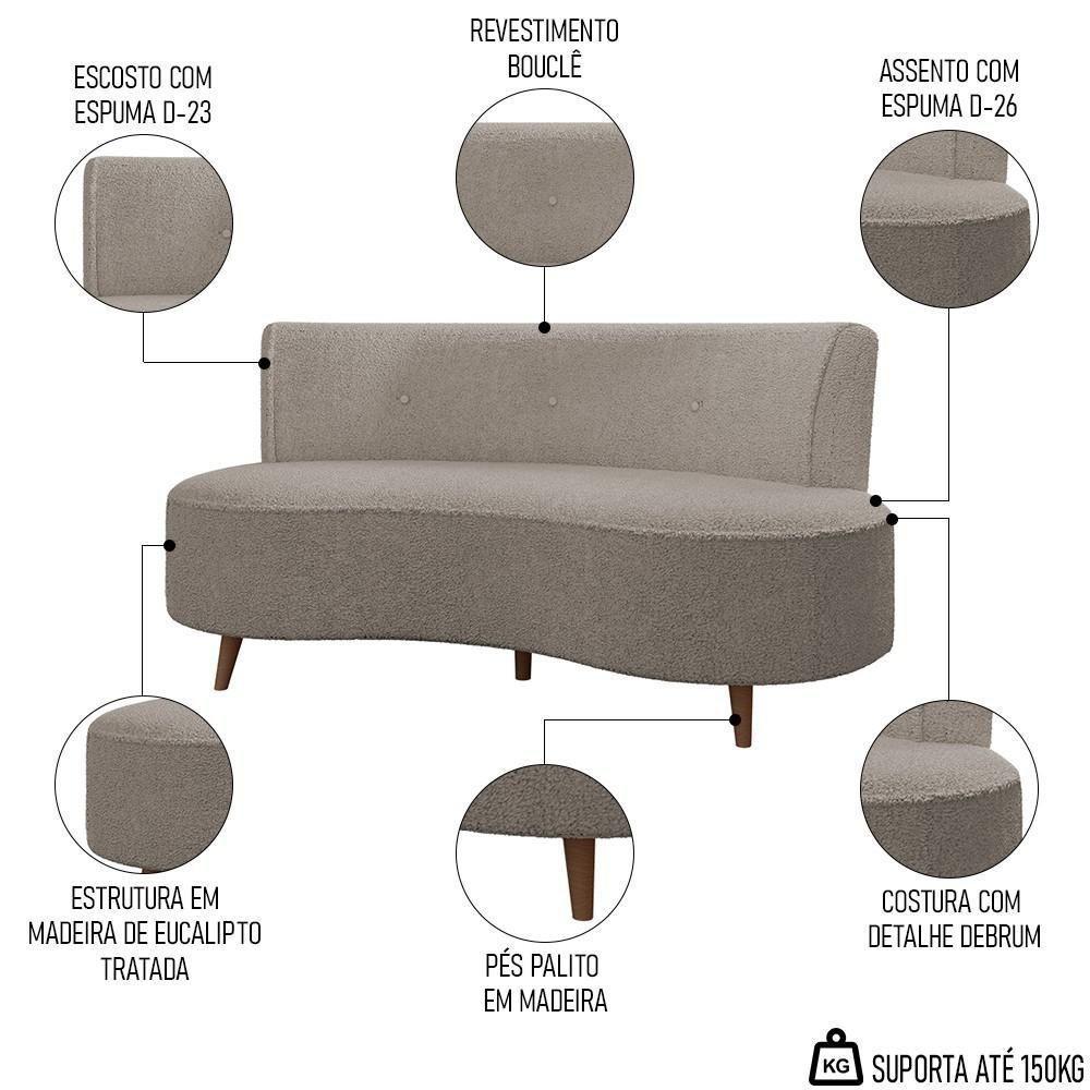 Sofá 2 Lugares Para Sala Living 135cm Pés Palito Korah K04 Bouclê Bege Escuro - Mpozenato - 2