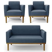 Sofá Namoradeira E 2 Poltronas Base Madeira Castanho Maressa Suede Azul Marinho - Ibiza - 1