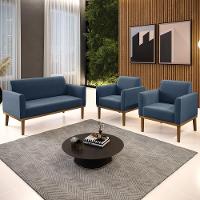 Sofá Namoradeira E 2 Poltronas Base Madeira Castanho Maressa Suede Azul Marinho - Ibiza - 2