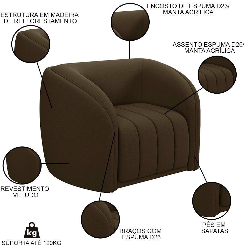 Sofá Decorativo 4 Lugares 332cm E Poltrona Meris M22 Veludo Marrom - Mpozenato - 3