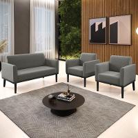 Sofá Namoradeira E 2 Poltronas Base Madeira Preto Maressa Suede Grafite - Ibiza - 2