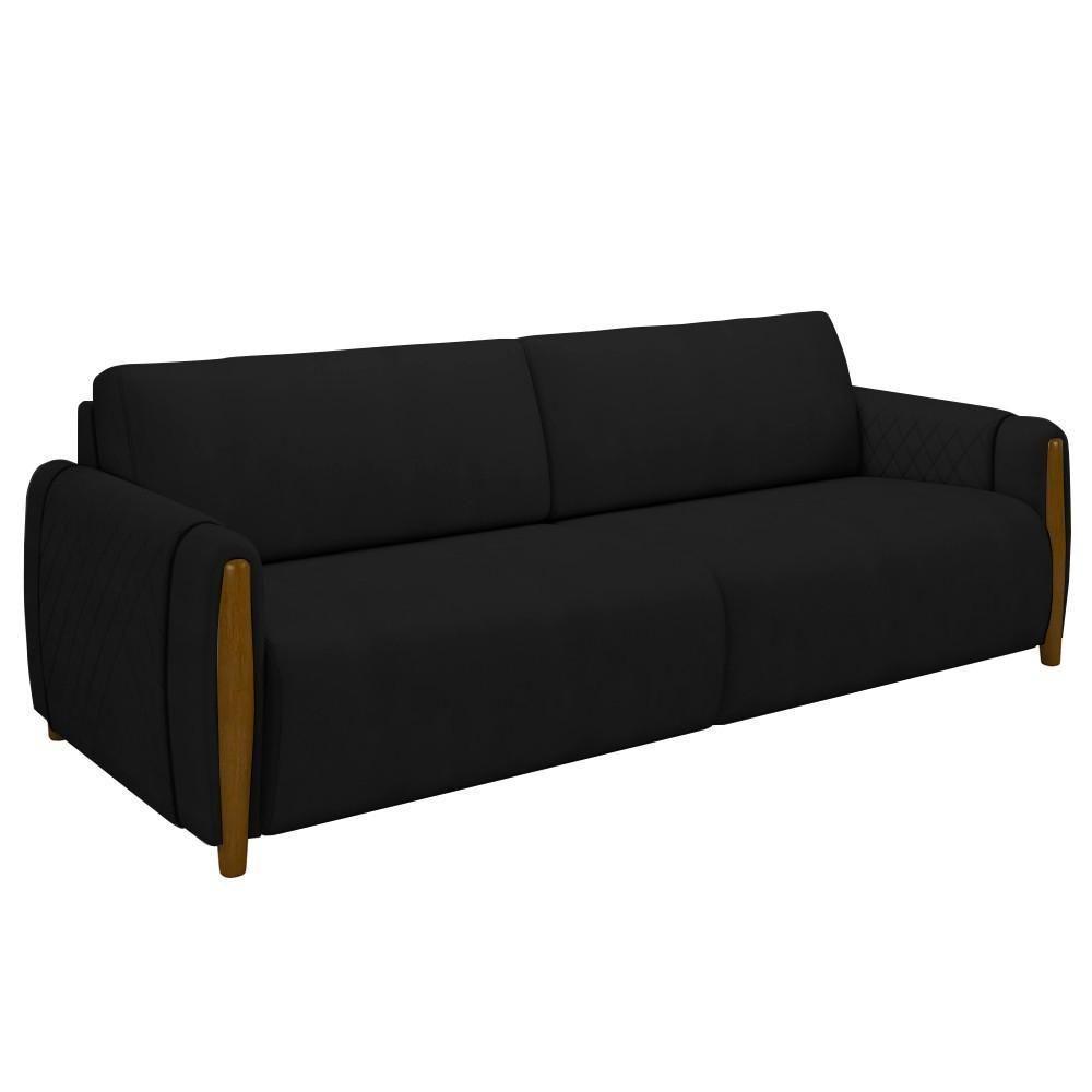 Sofá 3 Lugares 223cm Pés Madeira Amaranto M22 Veludo Preto - Mpozenato - 1