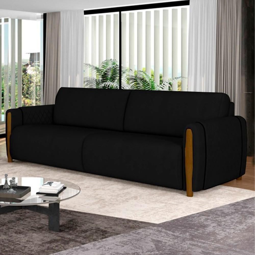 Sofá 3 Lugares 223cm Pés Madeira Amaranto M22 Veludo Preto - Mpozenato - 2
