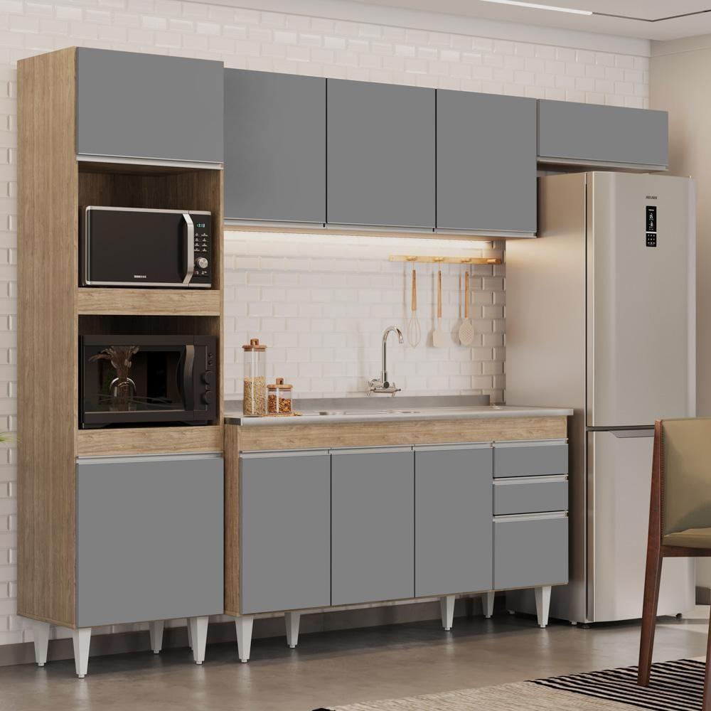 Armário De Cozinha Modulada 4 Peças Cp12 Balcão Com Pia Inox Castanho/cinza - Lumil - 2